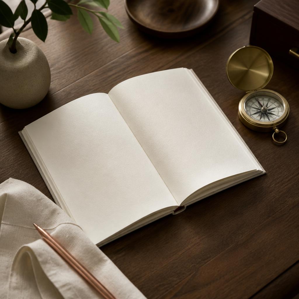 Cuaderno, brújula y pluma sobre escritorio de nogal