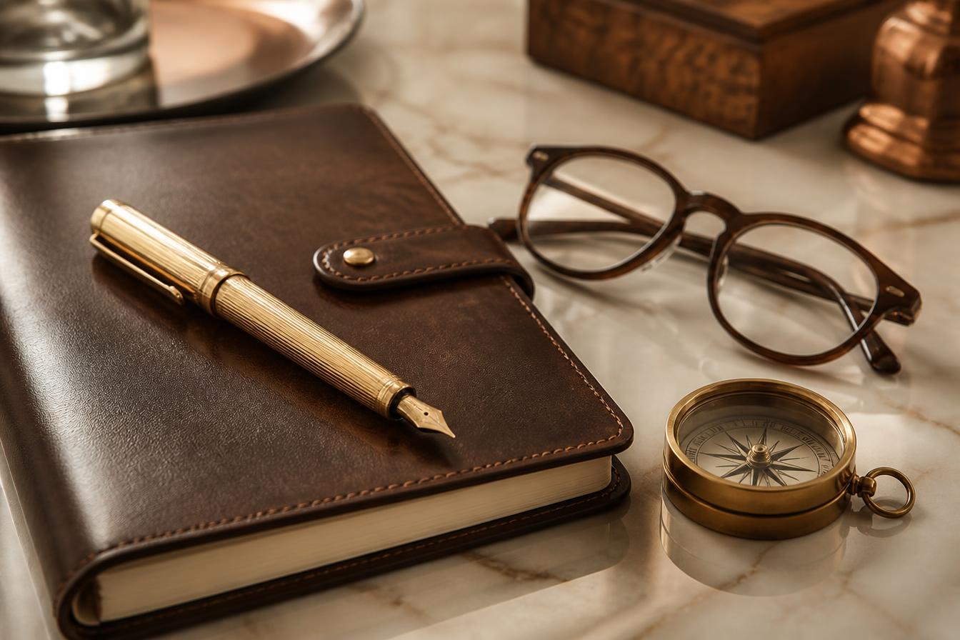 Maletín ejecutivo de cuero, gafas de lectura y un sobre de documentos sobre un escritorio de nogal